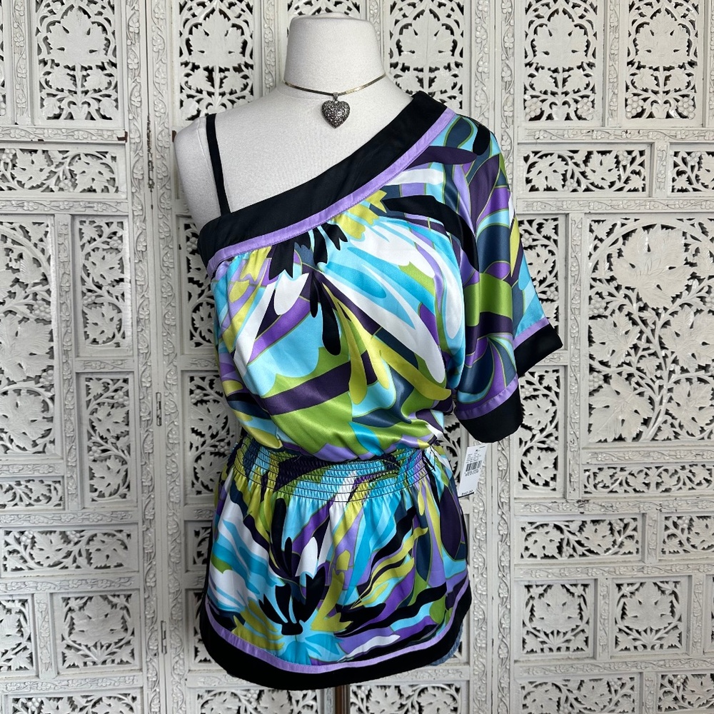NWT IZ Byer Colorful‎ Artsy Retro One Shoulder Flowy Satin Blouse Sz Medium